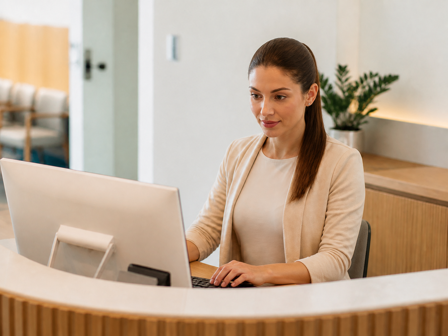 Recepcionista atendendo um novo contato pelo computador em uma clínica particular